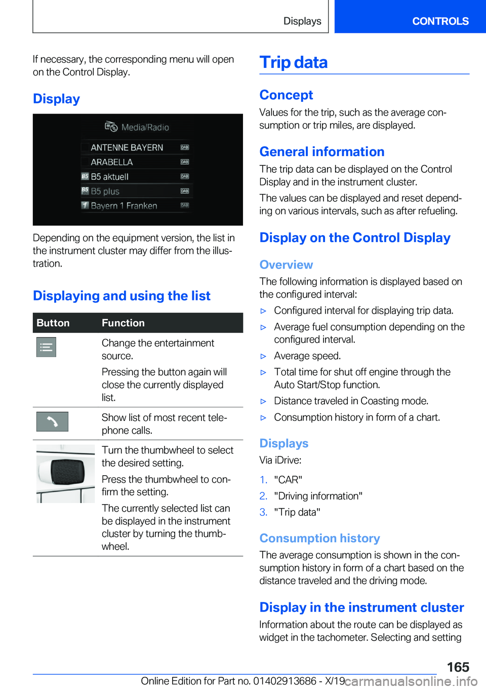BMW X5 2020  Owners Manual �I�f��n�e�c�e�s�s�a�r�y�,��t�h�e��c�o�r�r�e�s�p�o�n�d�i�n�g��m�e�n�u��w�i�l�l��o�p�e�n�o�n��t�h�e��C�o�n�t�r�o�l��D�i�s�p�l�a�y�.
�D�i�s�p�l�a�y
�D�e�p�e�n�d�i�n�g��o�n��t�h�e��e�q�u�i�p�m
