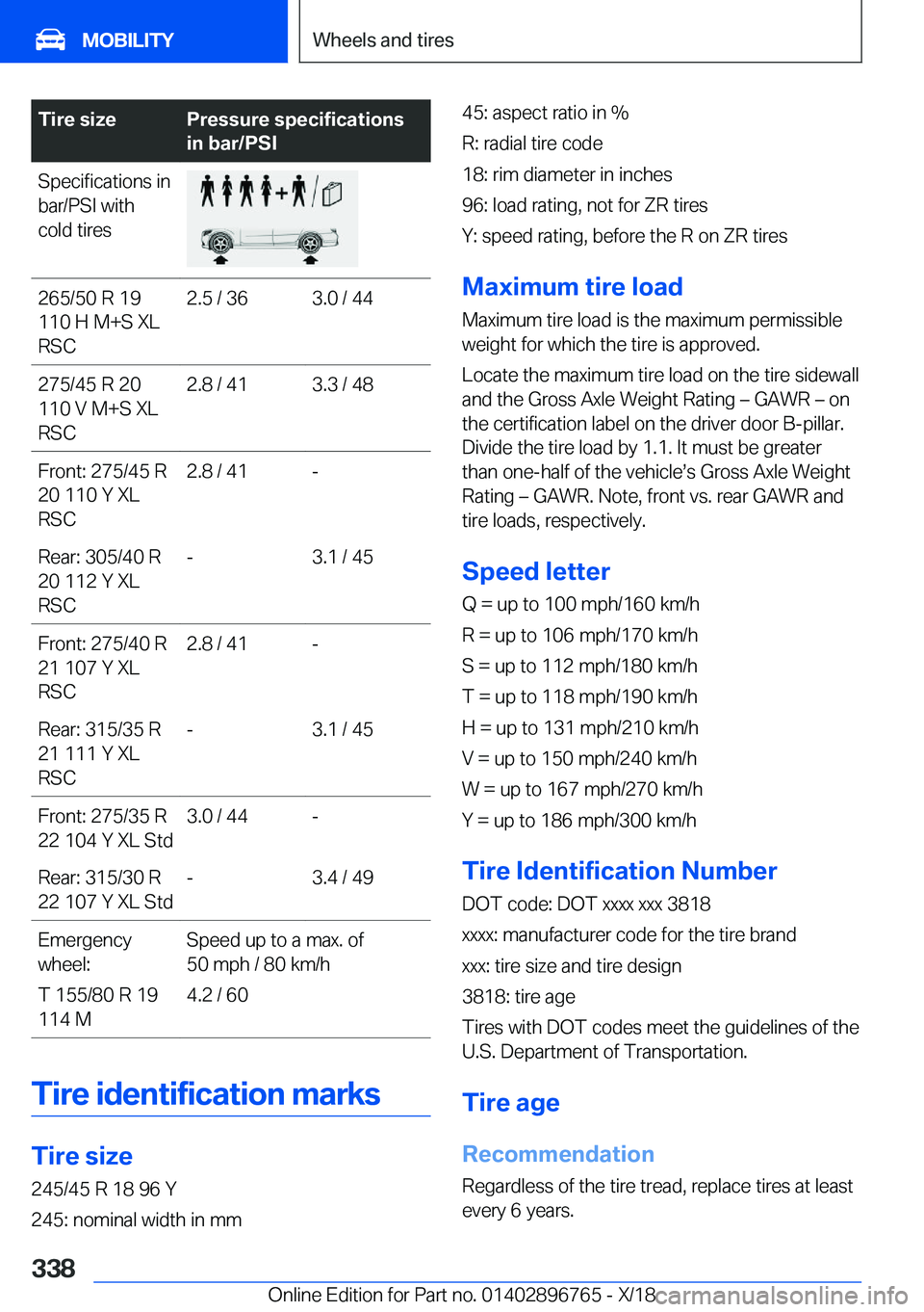 BMW X5 2019  Owners Manual �T�i�r�e��s�i�z�e�P�r�e�s�s�u�r�e��s�p�e�c�i�f�i�c�a�t�i�o�n�s
�i�n��b�a�r�/�P�S�I�S�p�e�c�i�f�i�c�a�t�i�o�n�s��i�n
�b�a�r�/�P�S�I��w�i�t�h
�c�o�l�d��t�i�r�e�s�2�6�5�/�5�0��R��1�9
�1�1�0��H�