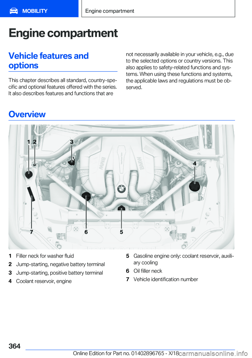 BMW X5 2019  Owners Manual �E�n�g�i�n�e��c�o�m�p�a�r�t�m�e�n�t�V�e�h�i�c�l�e��f�e�a�t�u�r�e�s��a�n�d�o�p�t�i�o�n�s
�T�h�i�s��c�h�a�p�t�e�r��d�e�s�c�r�i�b�e�s��a�l�l��s�t�a�n�d�a�r�d�,��c�o�u�n�t�r�y�-�s�p�ej�c�i�f�i�c�