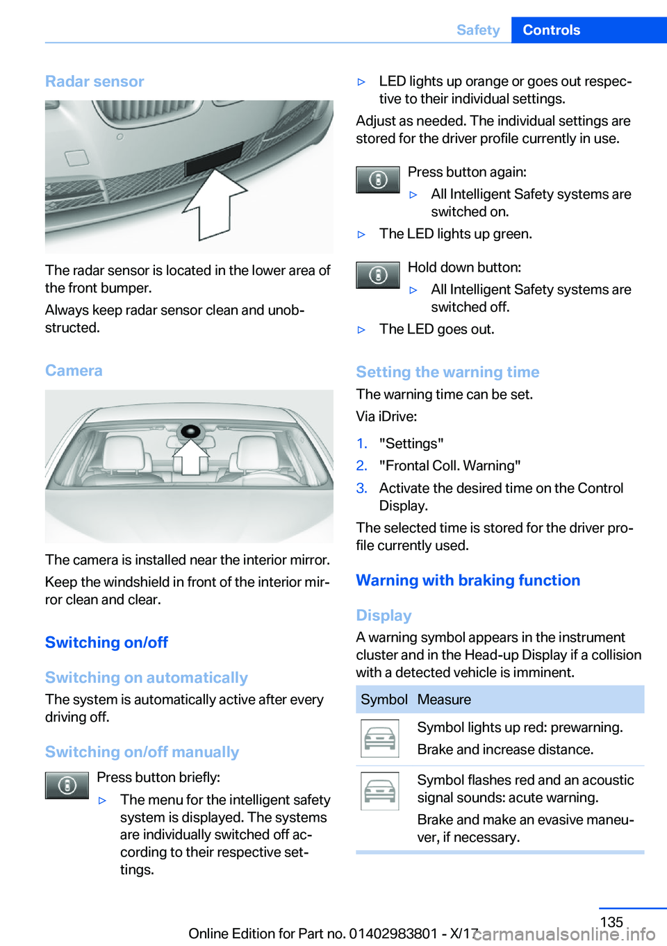 BMW X5 2018  Owners Manual �R�a�d�a�r��s�e�n�s�o�r
�T�h�e� �r�a�d�a�r� �s�e�n�s�o�r� �i�s� �l�o�c�a�t�e�d� �i�n� �t�h�e� �l�o�w�e�r� �a�r�e�a� �o�f
�t�h�e� �f�r�o�n�t� �b�u�m�p�e�r�.
�A�l�w�a�y�s� �k�e�e�p� �r�a�d�a�r� �s�e�n�