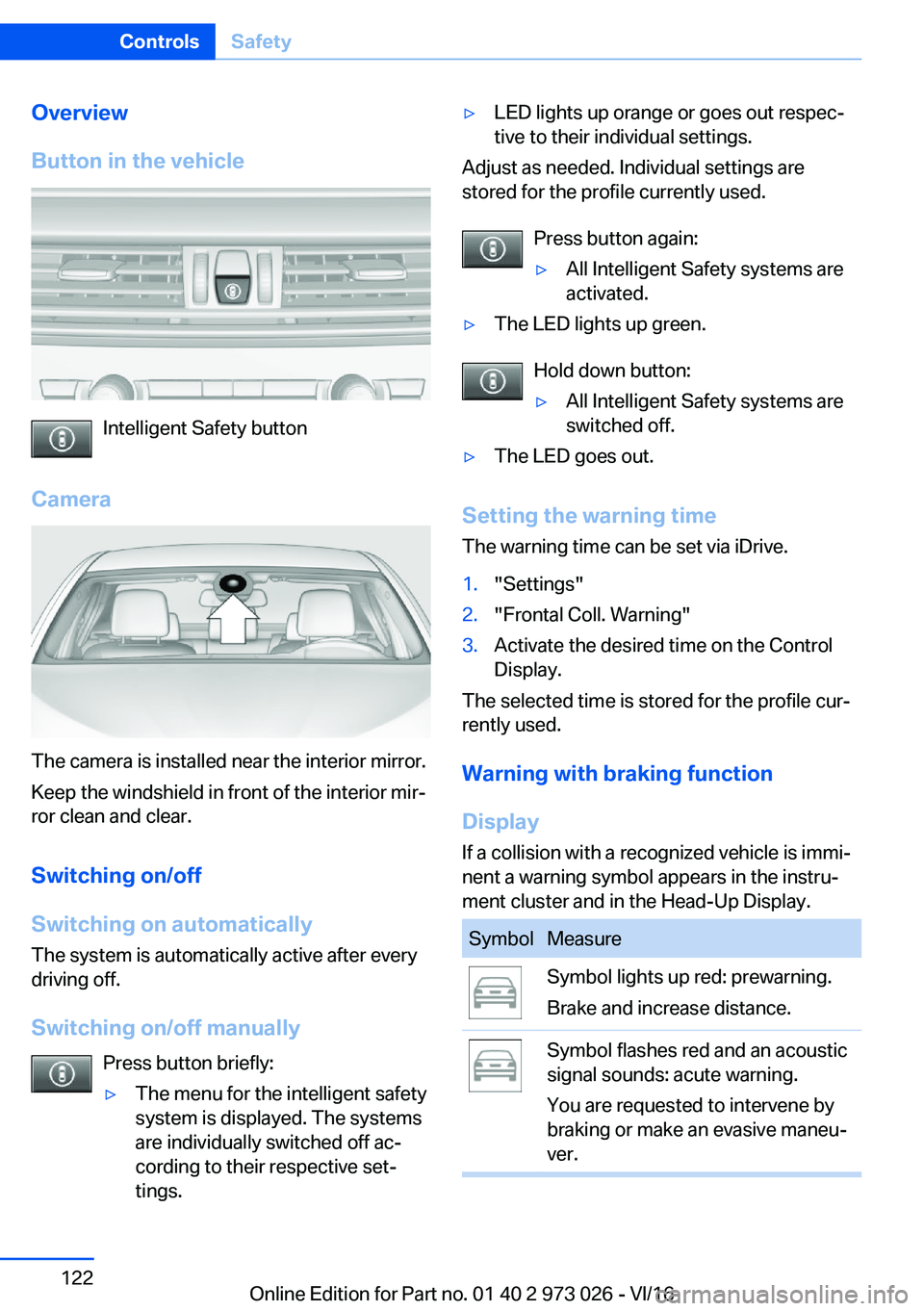 BMW X5 2017  Owners Manual �O�v�e�r�v�i�e�w
�B�u�t�t�o�n��i�n��t�h�e��v�e�h�i�c�l�e
�I�n�t�e�l�l�i�g�e�n�t� �S�a�f�e�t�y� �b�u�t�t�o�n
�C�a�m�e�r�a
�T�h�e� �c�a�m�e�r�a� �i�s� �i�n�s�t�a�l�l�e�d� �n�e�a�r� �t�h�e� �i�n�t�e�r