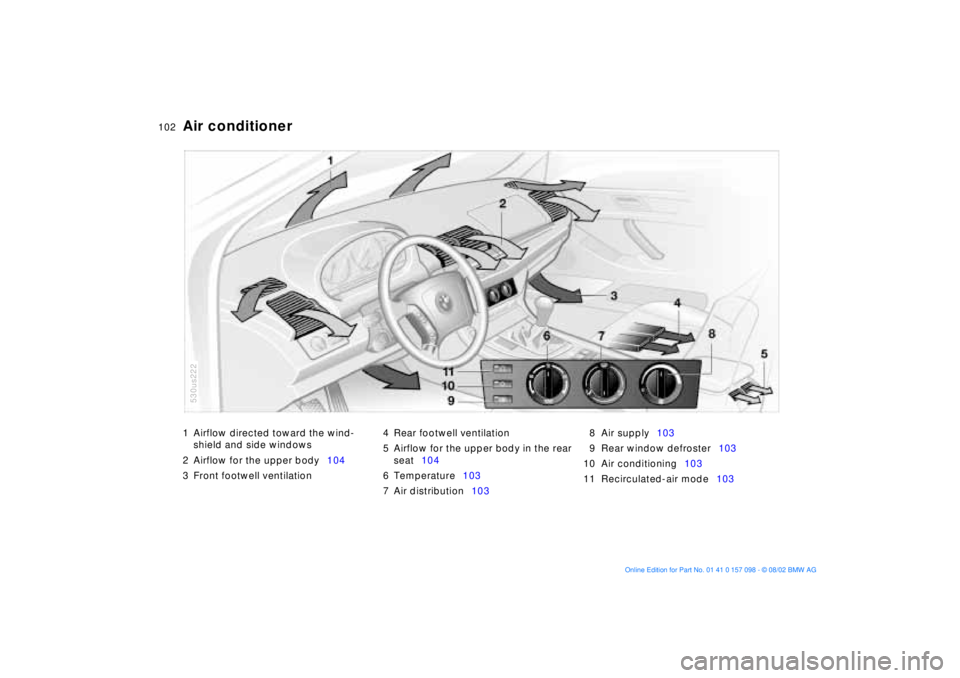 BMW X5 3.0I 2003 Owners Manual 102n
1 Airflow directed toward the wind-
shield and side windows
2 Airflow for the upper body104
3 Front footwell ventilation 4 Rear footwell ventilation
5 Airflow for the upper body in the rear
sea BMW X5 3.0I 2003 Owners Manual 102n
1 Airflow directed toward the wind-
shield and side windows
2 Airflow for the upper body104
3 Front footwell ventilation 4 Rear footwell ventilation
5 Airflow for the upper body in the rear
sea