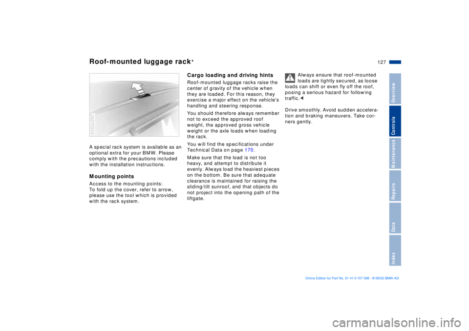 BMW X5 3.0I 2003  Owners Manual 127n
OverviewControlsMaintenanceRepairsDataIndex
Roof-mounted luggage rack
* 
A special rack system is available as an 
optional extra for your BMW. Please 
comply with the precautions included 
with 