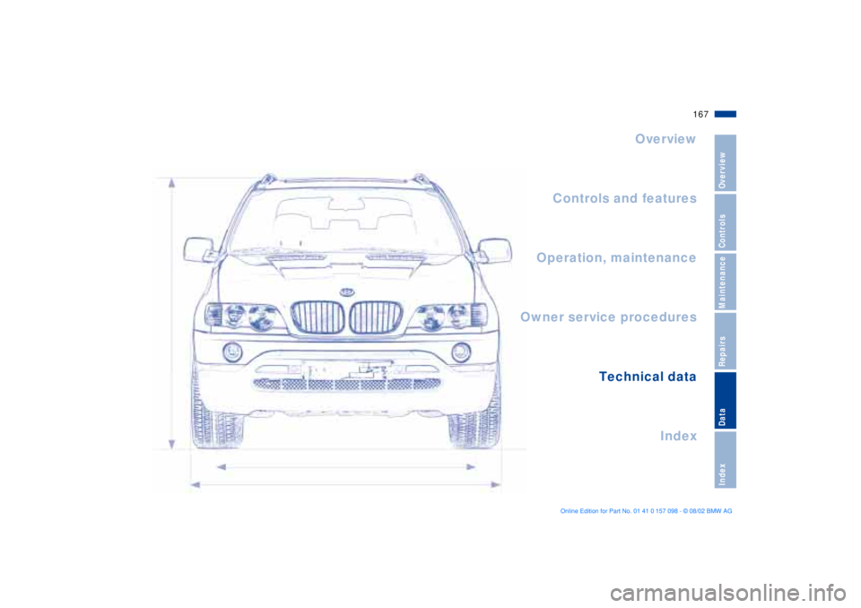 BMW X5 3.0I 2003 Owners Manual 167n
OverviewControlsMaintenanceRepairsDataIndex
Overview
Controls and features
Operation, maintenance
Index Technical data
Index
Owner service procedures BMW X5 3.0I 2003 Owners Manual 167n
OverviewControlsMaintenanceRepairsDataIndex
Overview
Controls and features
Operation, maintenance
Index Technical data
Index
Owner service procedures