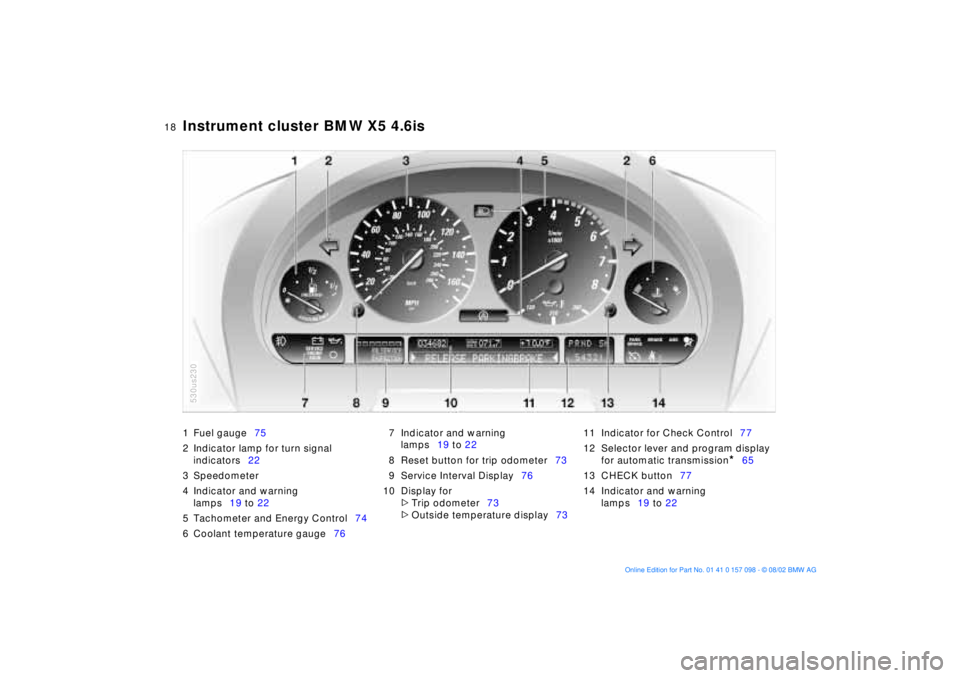BMW X5 3.0I 2003 User Guide  
18n
 
Instrument cluster BMW X5 4.6is
 
1 Fuel gauge75
2 Indicator lamp for turn signal 
indicators22
3 Speedometer
4 Indicator and warning 
lamps19 to 22
5 Tachometer and Energy Control74
6 Coolant