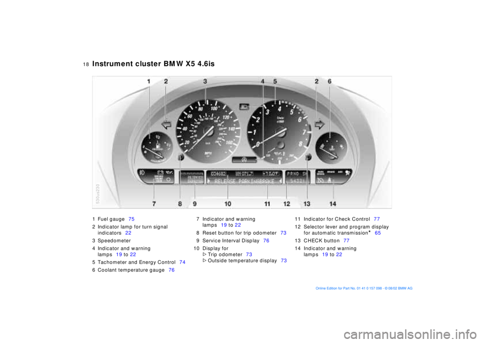 BMW X5 3.0I 2003  Owners Manual  
18n
 
Instrument cluster BMW X5 4.6is
 
1 Fuel gauge75
2 Indicator lamp for turn signal 
indicators22
3 Speedometer
4 Indicator and warning 
lamps19 to 22
5 Tachometer and Energy Control74
6 Coolant