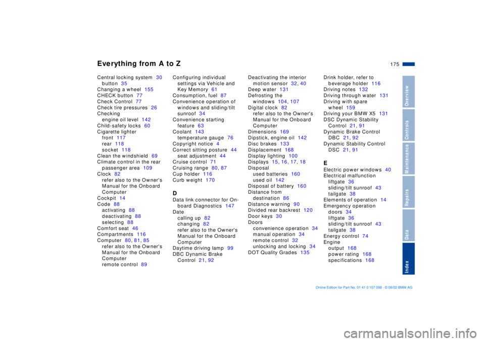 BMW X5 3.0I 2003  Owners Manual Everything from A to Z
175n
OverviewControlsMaintenanceRepairsDataIndex
Central locking system30
button35
Changing a wheel155
CHECK button77
Check Control77
Check tire pressures26
Checking
engine oil 
