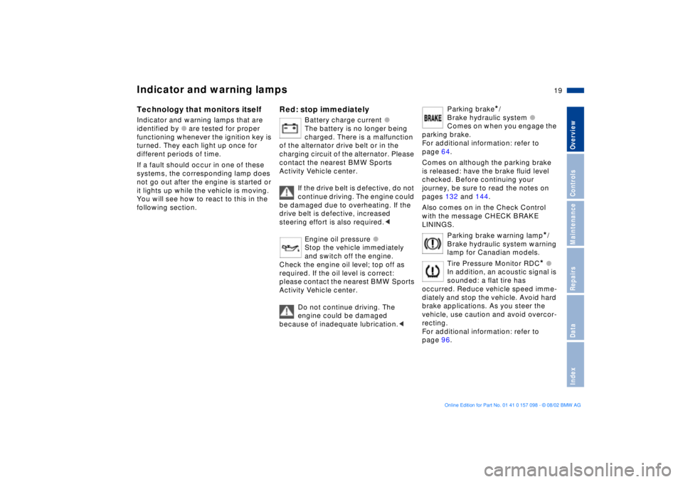 BMW X5 3.0I 2003  Owners Manual  
19n
 
OverviewControlsMaintenanceRepairsDataIndex
 
Indicator and warning lamps 
 
Technology that monitors itself 
 
Indicator and warning lamps that are 
identified by 
 
l
 
 are tested for prope