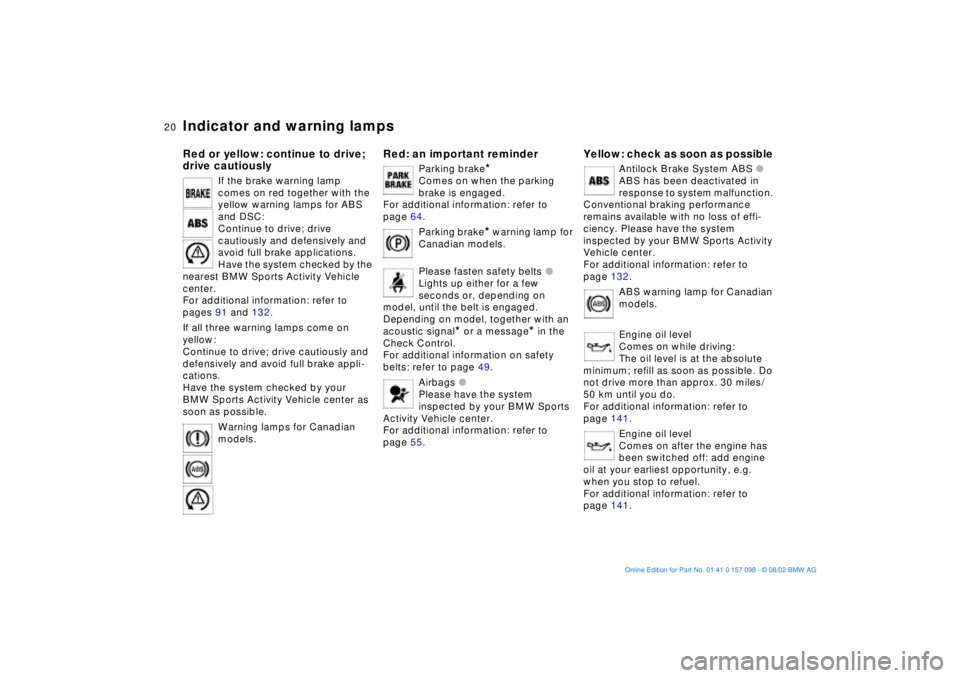 BMW X5 3.0I 2003  Owners Manual  
20n
 
Indicator and warning lamps 
 
Red or yellow: continue to drive; 
drive cautiously 
 
If the brake warning lamp 
comes on red together with the 
yellow warning lamps for ABS 
and DSC: 
Continu