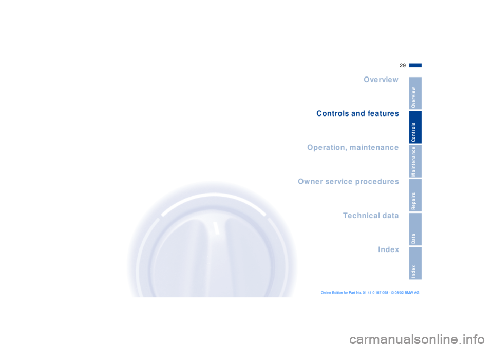 BMW X5 3.0I 2003  Owners Manual 29n
OverviewControlsMaintenanceRepairsDataIndex
Overview
Controls and features
Operation, maintenance
Index Technical data
Owner service procedures 
