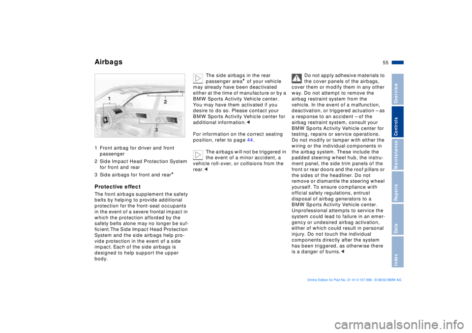 BMW X5 3.0I 2003  Owners Manual 55n
OverviewControlsMaintenanceRepairsDataIndex
Airbags1 Front airbag for driver and front 
passenger 
2 Side Impact Head Protection System 
for front and rear 
3 Side airbags for front and rear
* 
Pr