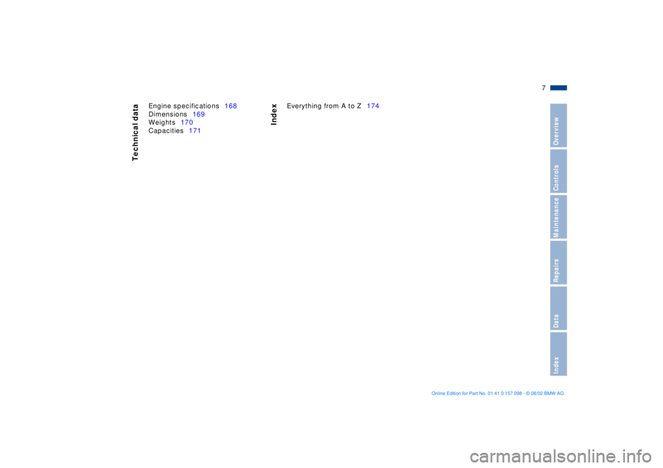 BMW X5 3.0I 2003  Owners Manual  
7n
 
OverviewControlsMaintenanceRepairsDataIndex
 Technical data
Index 
Engine specifications168
Dimensions169
Weights170
Capacities171Everything from A to Z174 