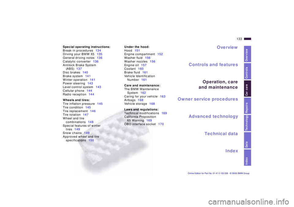 BMW X5 3.0I 2001  Owners Manual IndexDataTechnologyRepairsCar careControlsOverview
Overview
Controls and features
Operation, care
and maintenance
Owner service procedures
Technical data
Index Advanced technology
133n
Under the hood: