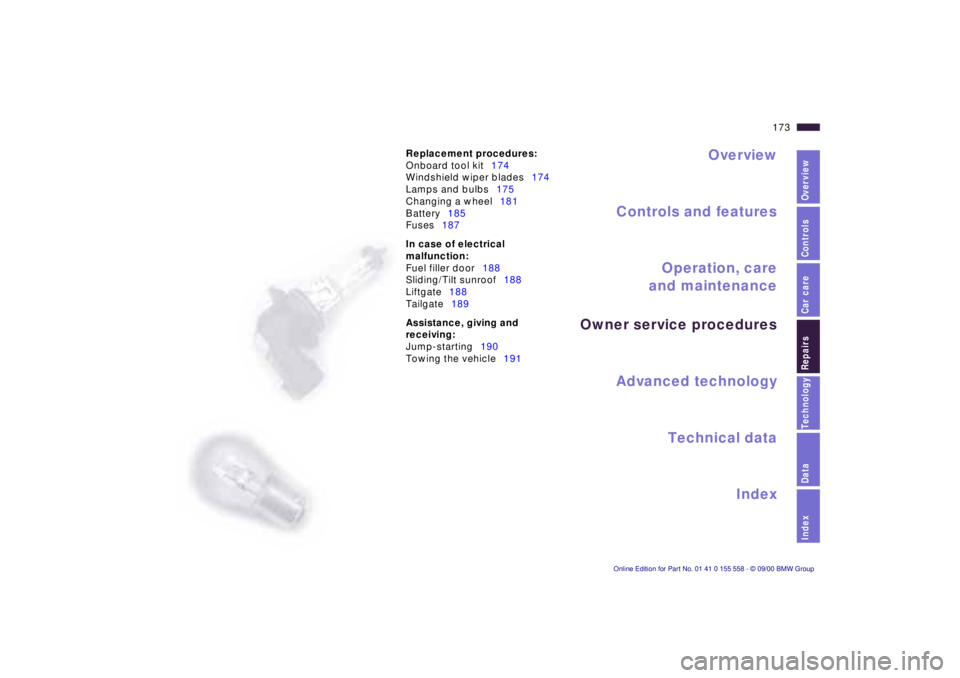 BMW X5 3.0I 2001  Owners Manual IndexDataTechnologyRepairsCar careControlsOverview
Overview
Controls and features
Operation, care
and maintenance
Owner service procedures
Technical data
Index Advanced technology
173n
Replacement pro