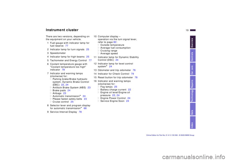 BMW X5 3.0I 2001  Owners Manual  
Index
Data
Technology
Repairs
Car care
Controls
Overview
 
19n
 
Instrument cluster
 
There are two versions, depending on  
the equipment on your vehicle.
1 Fuel gauge with indicator lamp for fuel 