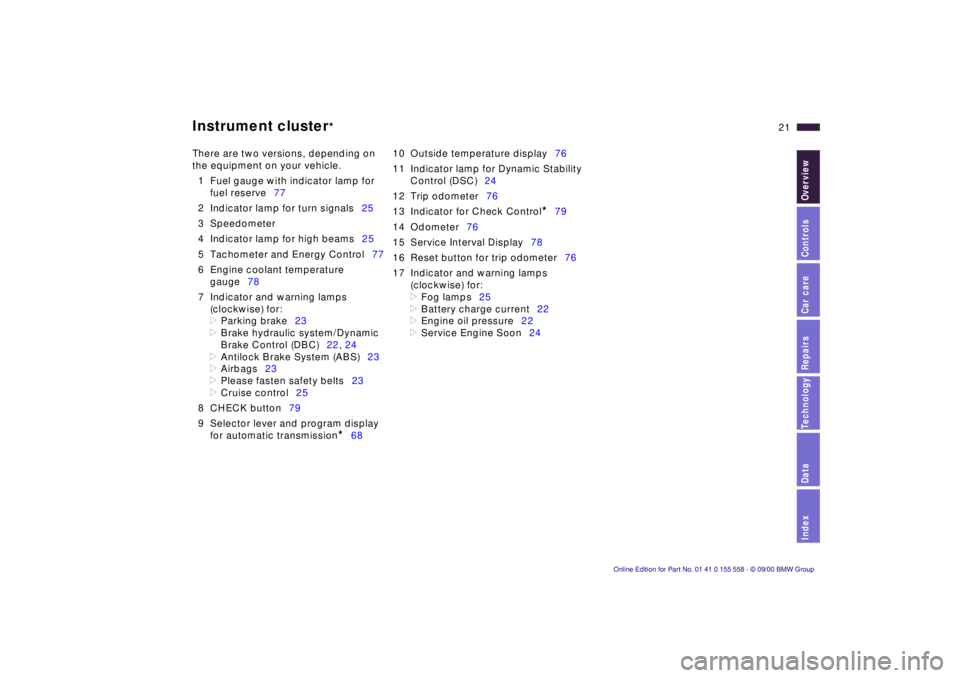 BMW X5 3.0I 2001  Owners Manual  
Index
Data
Technology
Repairs
Car care
Controls
Overview
 
21n
 
Instrument cluster
 
* 
There are two versions, depending on  
the equipment on your vehicle. 1 Fuel gauge with indicator lamp for fu