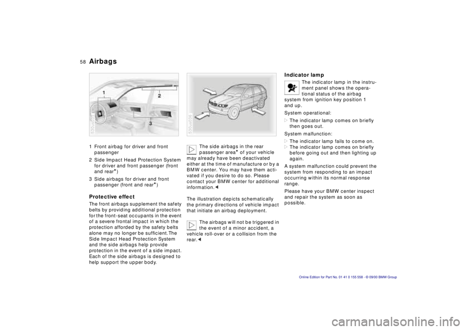 BMW X5 3.0I 2001 Workshop Manual 58nAirbags 
1 Front airbag for driver and front 
passenger 
2 Side Impact Head Protection System  for driver and front passenger (front  
and rear
*) 
3 Side airbags for driver and front  passenger (f