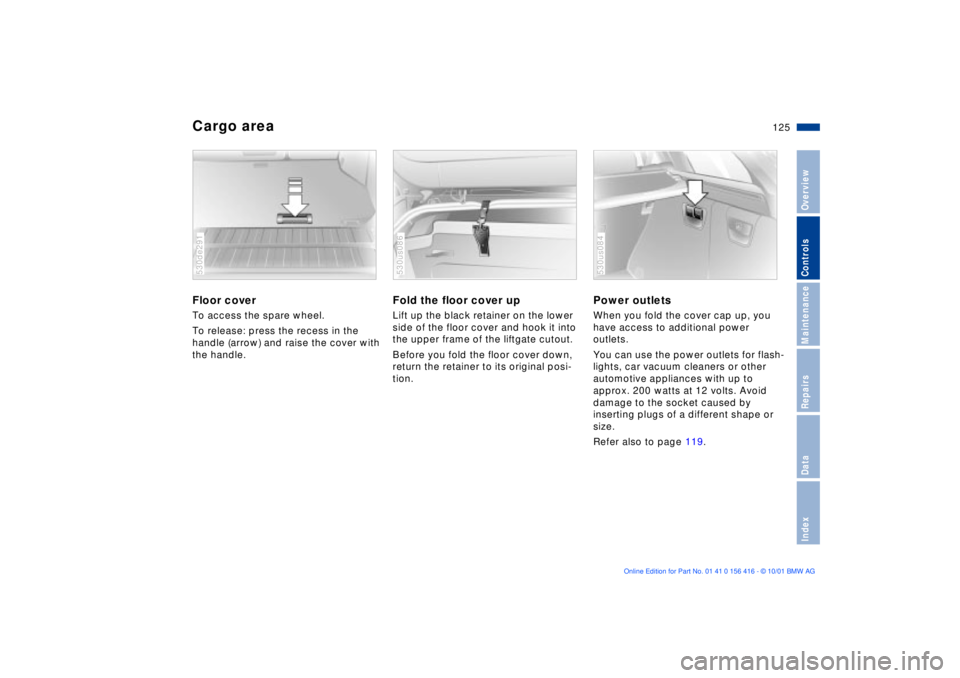 BMW X5 4.4I 2002  Owners Manual 125n
OverviewControlsMaintenanceRepairsDataIndex
Cargo area Floor cover To access the spare wheel.
To release: press the recess in the 
handle (arrow) and raise the cover with 
the handle. 530de291
Fo