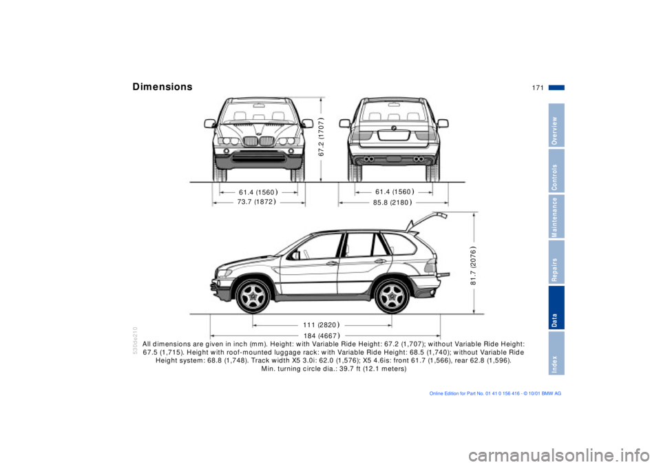 BMW X5 4.4I 2002  Owners Manual 171n
OverviewControlsMaintenanceRepairsDataIndex
Dimensions 
530de210530de210All dimensions are given in inch (mm). Height: with Variable Ride Height: 67.2 (1,707); without Variable Ride Height: 
67.5