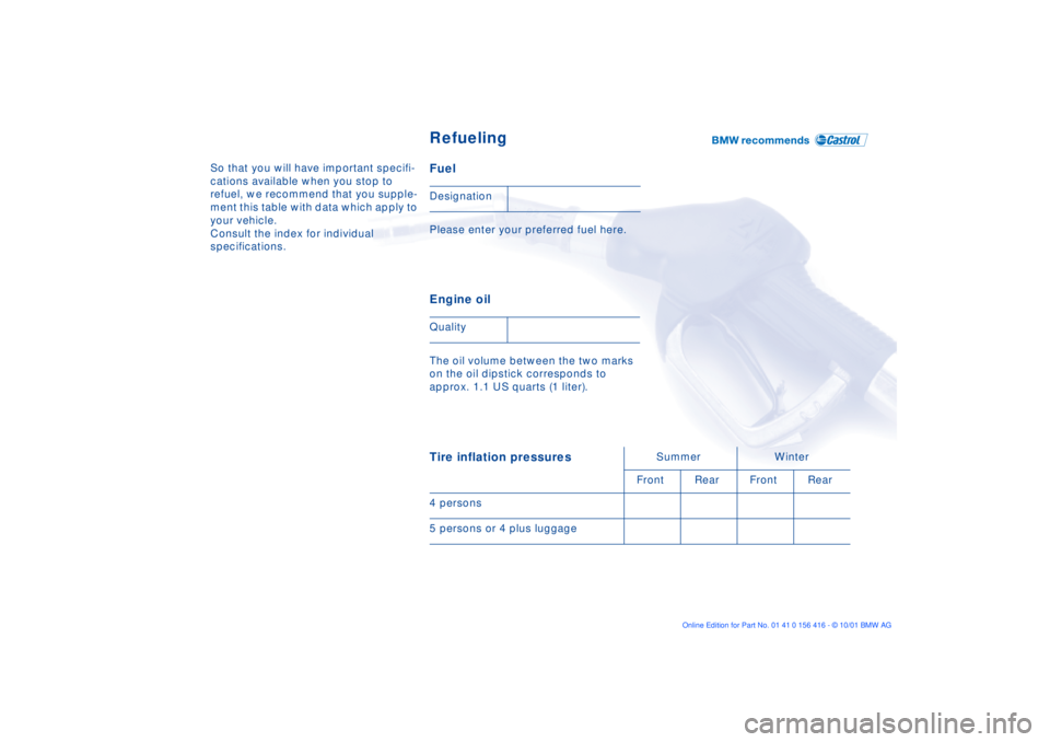 BMW X5 4.4I 2002  Owners Manual So that you will have important specifi-
cations available when you stop to 
refuel, we recommend that you supple-
ment this table with data which apply to 
your vehicle. 
Consult the index for indivi
