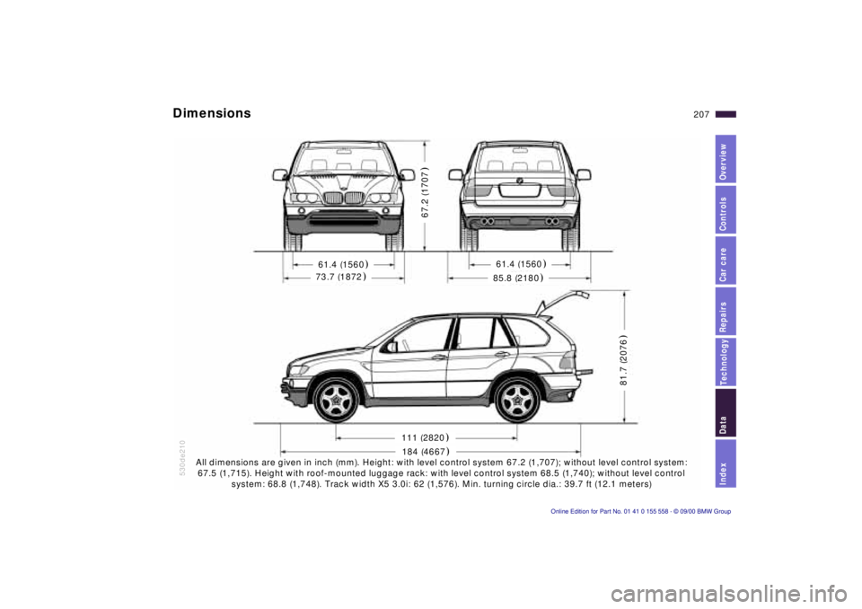 BMW X5 4.4I 2001  Owners Manual Index
Data
Technology
Repairs
Car care
Controls
Overview
207nDimensions 
530de210
All dimensions are given in inch (mm). Height: with level control system 67.2 (1,707); without level control system: 

