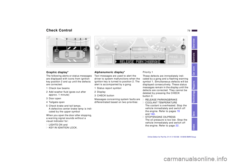 BMW X5 4.4I 2001  Owners Manual Index
Data
Technology
Repairs
Car care
Controls
Overview
79nCheck Control 
Graphic display* 
The following alerts or status messages  
are displayed with icons from ignition 
key position 2 and up unt