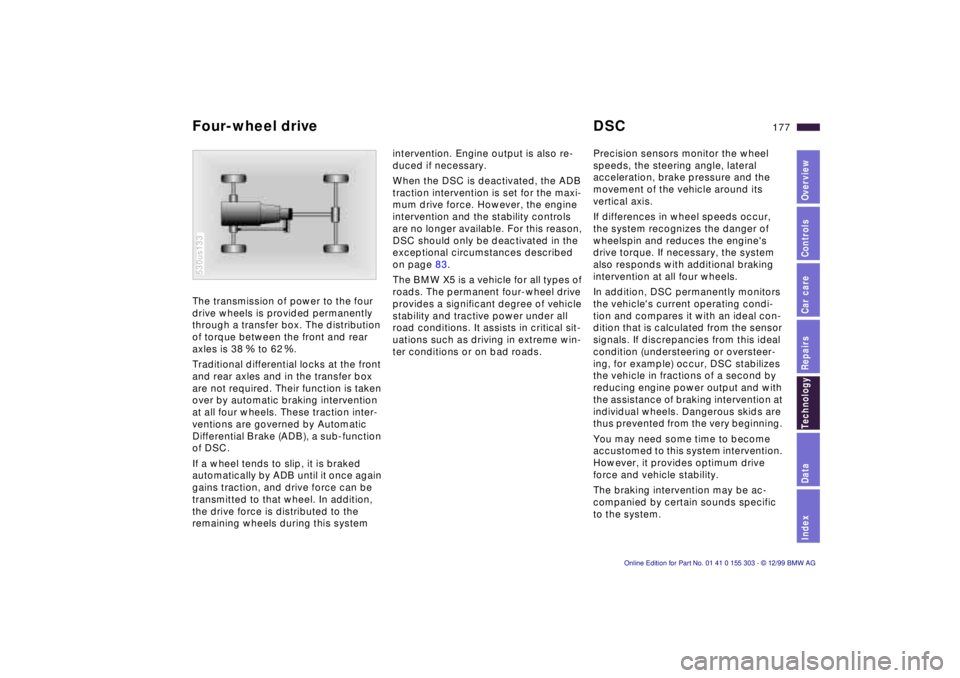BMW X5 4.4I 2000 Owners Manual IndexDataTechnologyRepairsCar careControlsOverview
177n
The transmission of power to the four
drive wheels is provided permanently
through a transfer box. The distribution
of torque between the fro BMW X5 4.4I 2000 Owners Manual IndexDataTechnologyRepairsCar careControlsOverview
177n
The transmission of power to the four
drive wheels is provided permanently
through a transfer box. The distribution
of torque between the fro