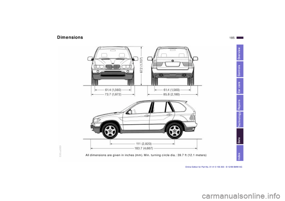 BMW X5 4.4I 2000  Owners Manual IndexDataTechnologyRepairsCar careControlsOverview
185n
Dimensions 
530us089
All dimensions are given in inches (mm). Min. turning circle dia.: 39.7 ft (12.1 meters) 