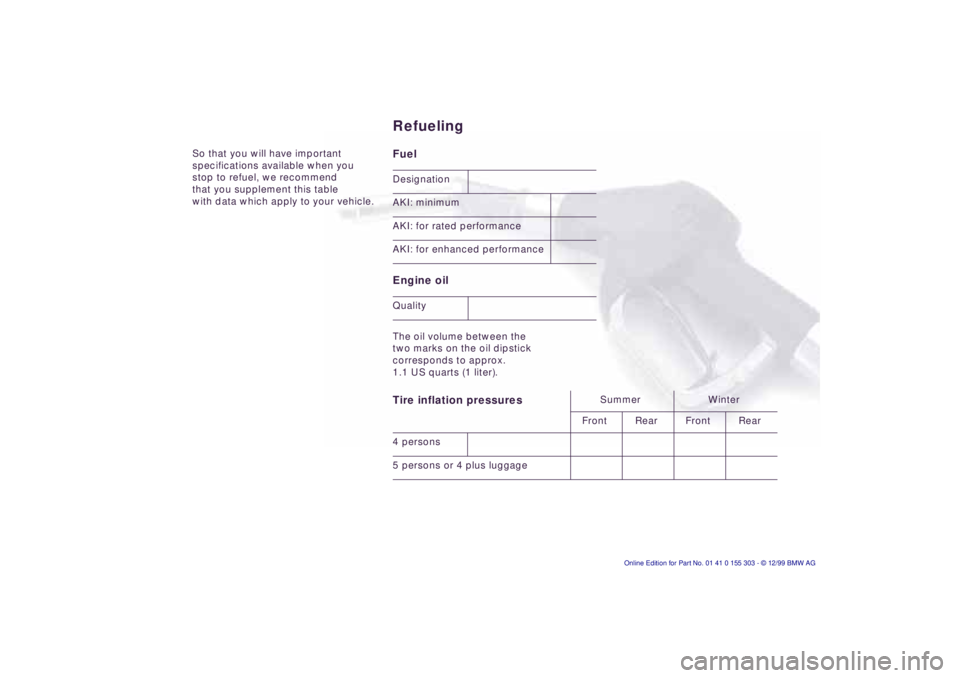 BMW X5 4.4I 2000 Owners Manual So that you will have important
specifications available when you
stop to refuel, we recommend
that you supplement this table
with data which apply to your vehicle.
Fuel
Engine oil The oil volum BMW X5 4.4I 2000 Owners Manual So that you will have important
specifications available when you
stop to refuel, we recommend
that you supplement this table
with data which apply to your vehicle.
Fuel
Engine oil The oil volum
