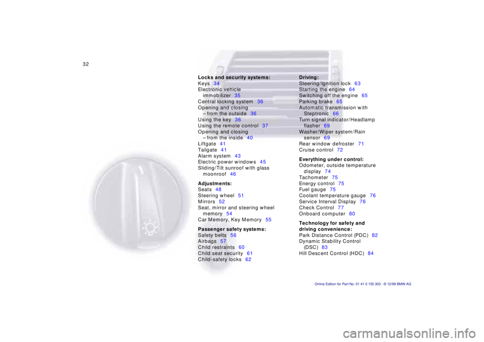 BMW X5 4.4I 2000 Owners Guide 32n
Locks and security systems:
Keys34
Electronic vehicle
immobilizer35
Central locking system36
Opening and closing
Ð from the outside36
Using the key36
Using the remote control37
Opening and clo BMW X5 4.4I 2000 Owners Guide 32n
Locks and security systems:
Keys34
Electronic vehicle
immobilizer35
Central locking system36
Opening and closing
Ð from the outside36
Using the key36
Using the remote control37
Opening and clo