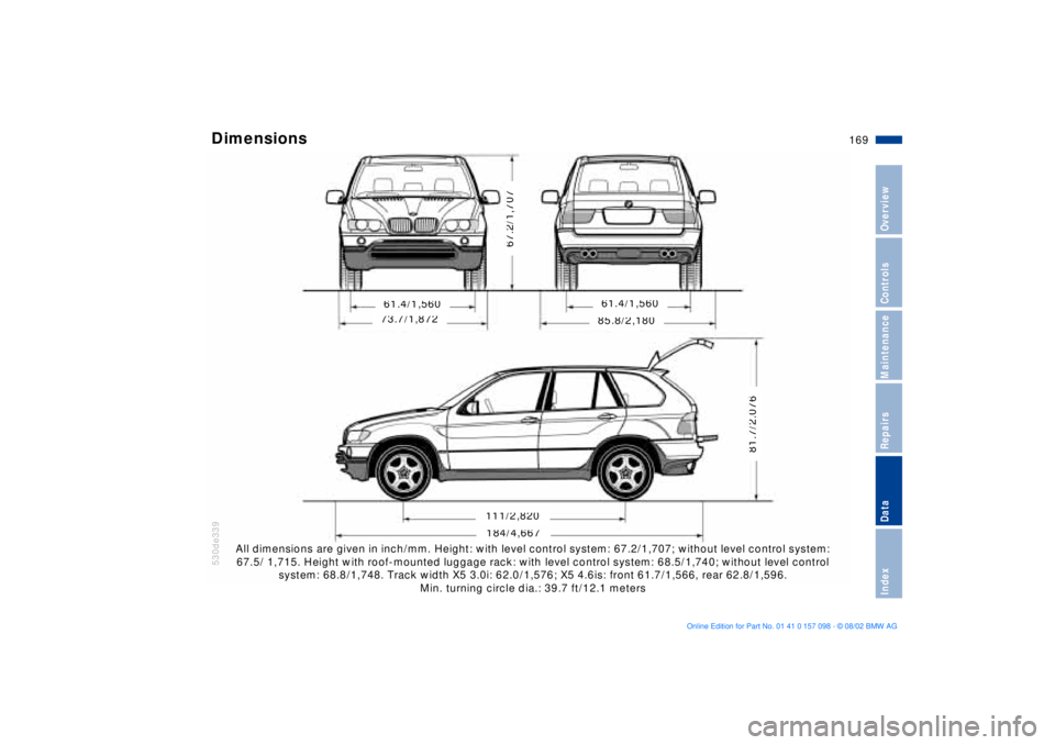 BMW X5 4.6IS 2003 Owners Manual 169n
OverviewControlsMaintenanceRepairsDataIndex
Dimensions
530de210530de339
All dimensions are given in inch/mm. Height: with level control system: 67.2/1,707; without level control system:
67.5/ 1 BMW X5 4.6IS 2003 Owners Manual 169n
OverviewControlsMaintenanceRepairsDataIndex
Dimensions
530de210530de339
All dimensions are given in inch/mm. Height: with level control system: 67.2/1,707; without level control system:
67.5/ 1