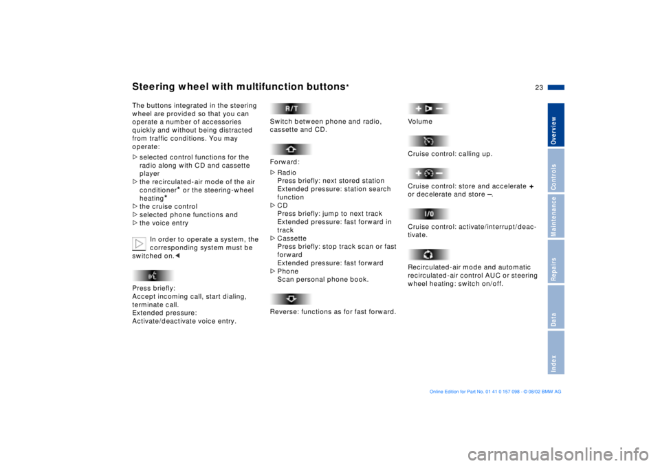 BMW X5 4.6IS 2003  Owners Manual 23n
OverviewControlsMaintenanceRepairsDataIndex
Steering wheel with multifunction buttons
*
The buttons integrated in the steering 
wheel are provided so that you can 
operate a number of accessories 