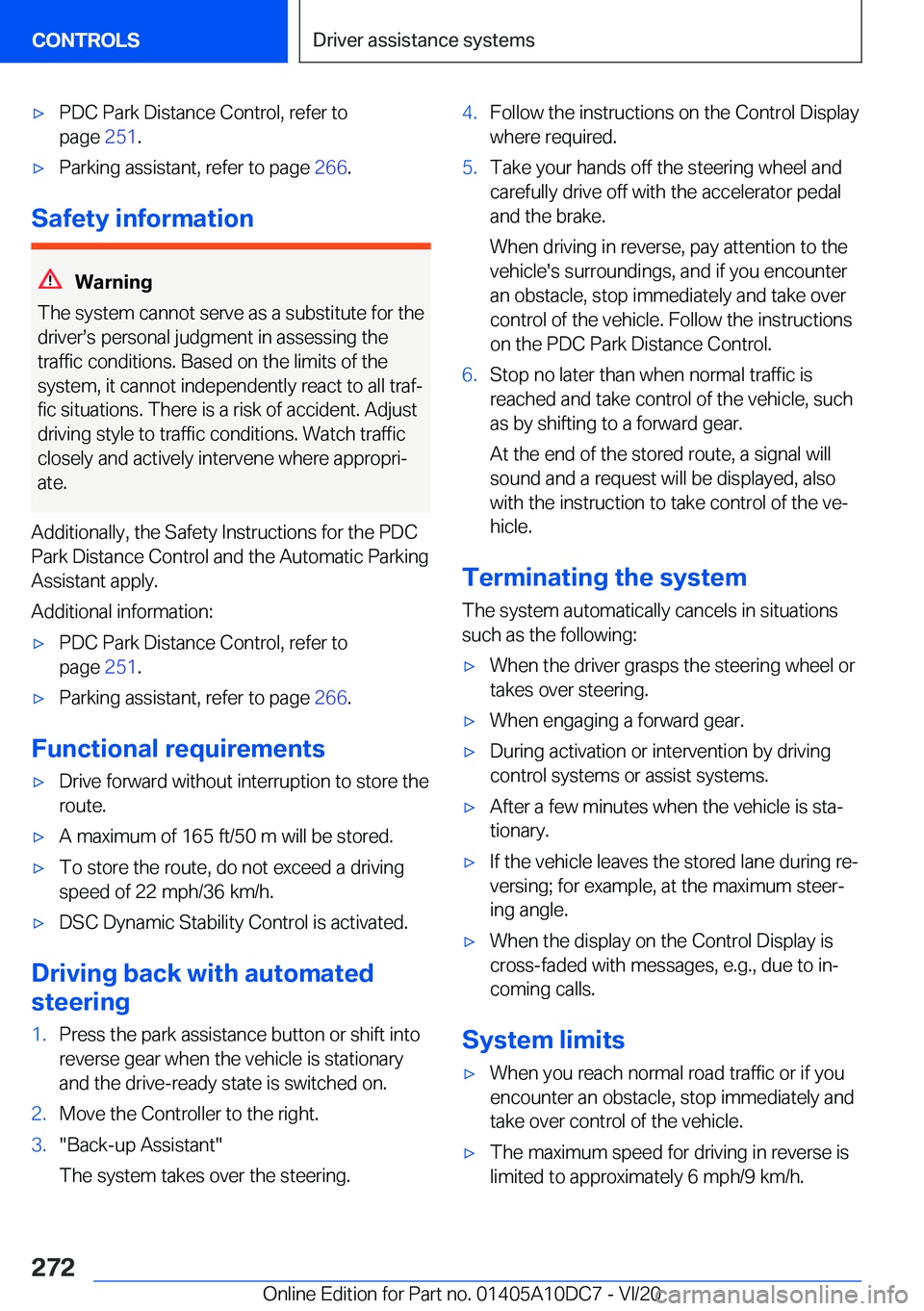 BMW X5M 2021  Owners Manual 'x�P�D�C��P�a�r�k��D�i�s�t�a�n�c�e��C�o�n�t�r�o�l�,��r�e�f�e�r��t�o
�p�a�g�e� �2�5�1�.'x�P�a�r�k�i�n�g��a�s�s�i�s�t�a�n�t�,��r�e�f�e�r��t�o��p�a�g�e� �2�6�6�.
�S�a�f�e�t�y��i�n�f�o