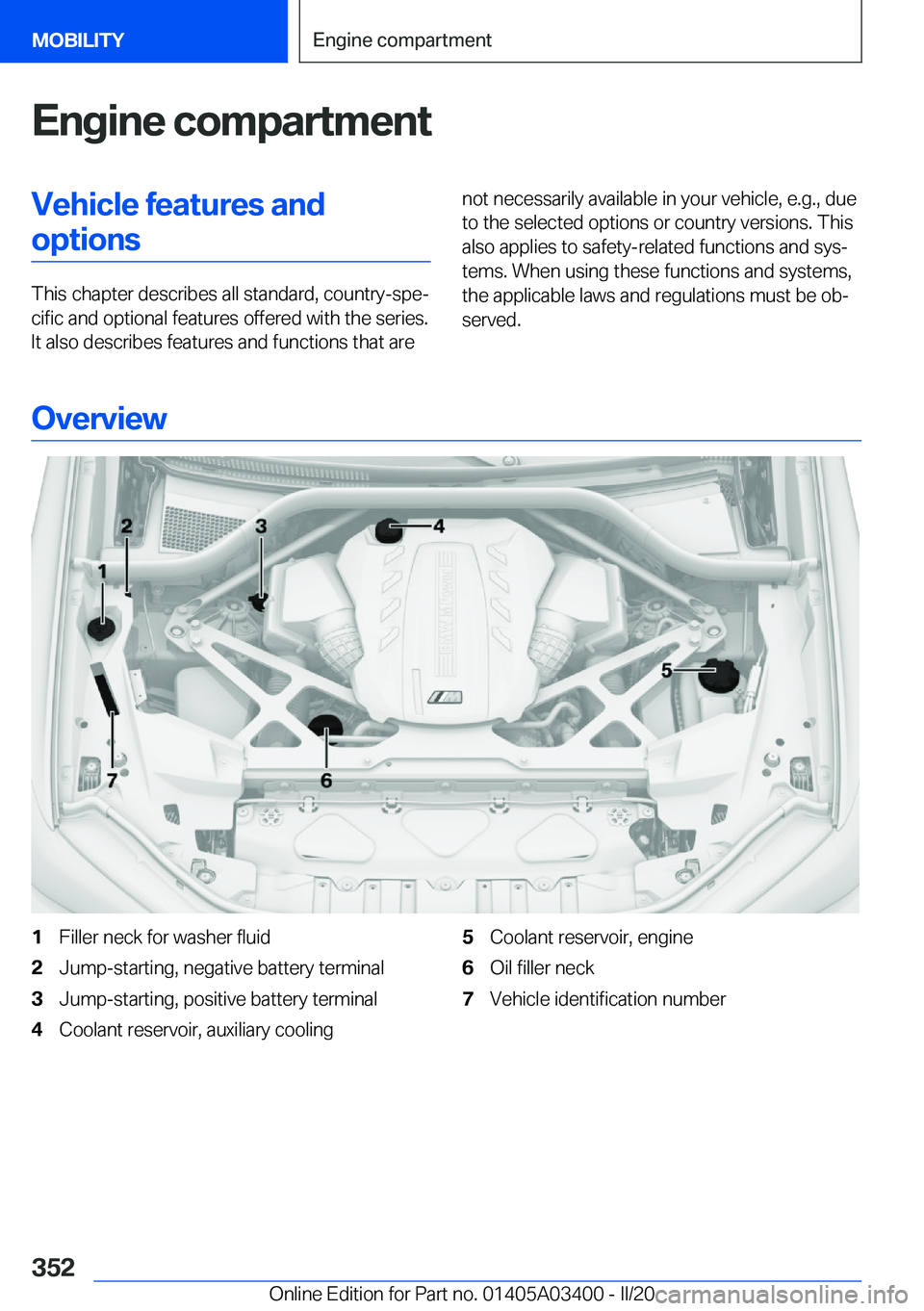 BMW X5M 2020  Owners Manual �E�n�g�i�n�e��c�o�m�p�a�r�t�m�e�n�t�V�e�h�i�c�l�e��f�e�a�t�u�r�e�s��a�n�d�o�p�t�i�o�n�s
�T�h�i�s��c�h�a�p�t�e�r��d�e�s�c�r�i�b�e�s��a�l�l��s�t�a�n�d�a�r�d�,��c�o�u�n�t�r�y�-�s�p�e#j�c�i�f�i�c�
