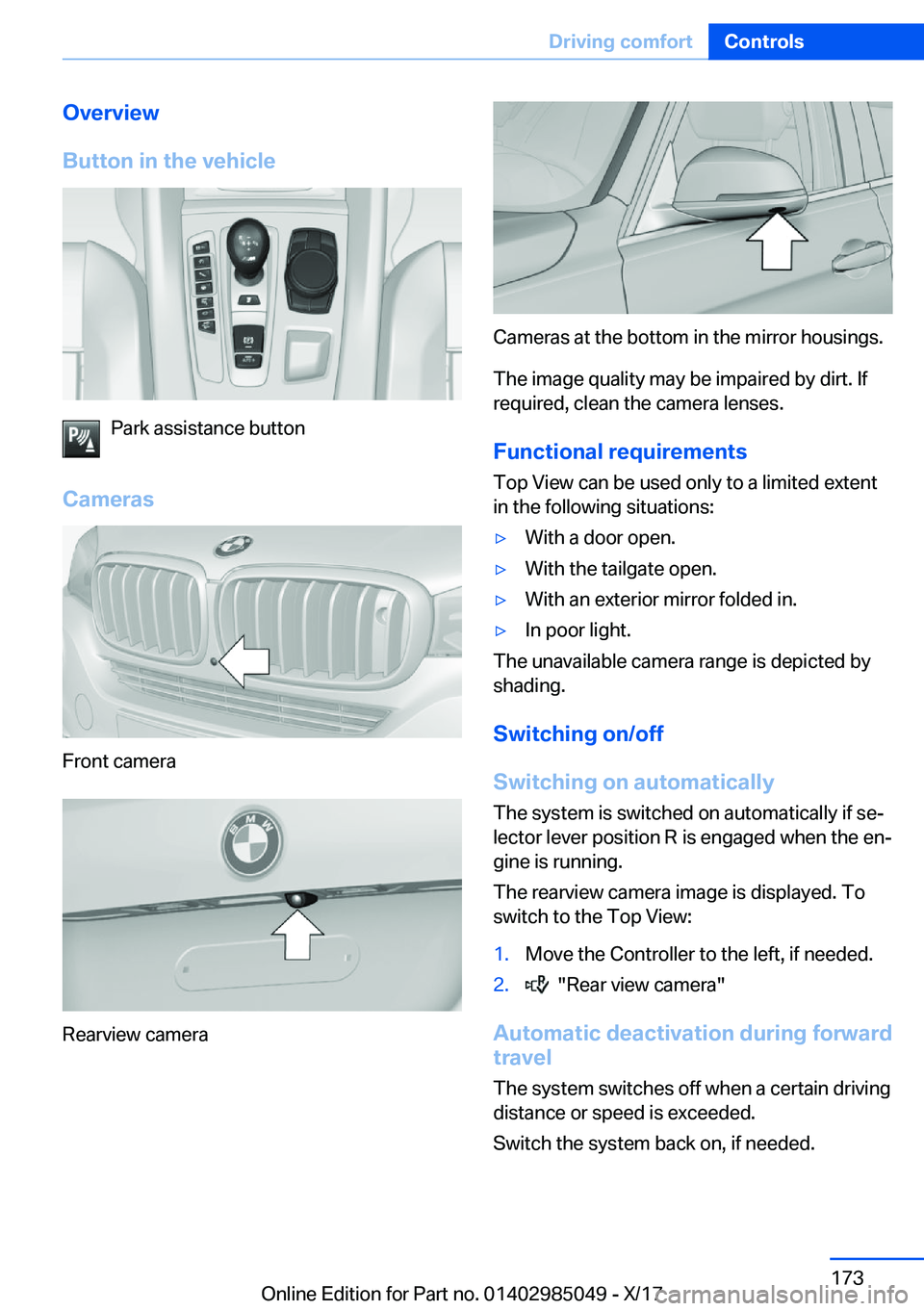 BMW X5M 2018  Owners Manual �O�v�e�r�v�i�e�w
�B�u�t�t�o�n��i�n��t�h�e��v�e�h�i�c�l�e
�P�a�r�k� �a�s�s�i�s�t�a�n�c�e� �b�u�t�t�o�n
�C�a�m�e�r�a�s
�F�r�o�n�t� �c�a�m�e�r�a
�R�e�a�r�v�i�e�w� �c�a�m�e�r�a
�C�a�m�e�r�a�s� �a�t� �t