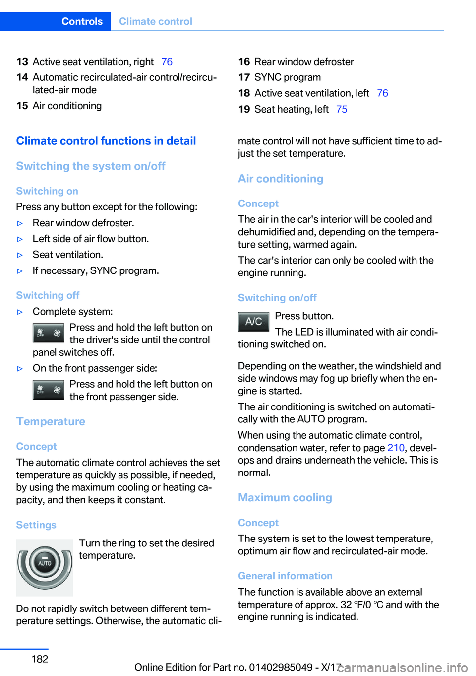 BMW X5M 2018  Owners Manual �1�3�A�c�t�i�v�e� �s�e�a�t� �v�e�n�t�i�l�a�t�i�o�n�,� �r�i�g�h�t\_�7�6�1�4�A�u�t�o�m�a�t�i�c� �r�e�c�i�r�c�u�l�a�t�e�d�-�a�i�r� �c�o�n�t�r�o�l�/�r�e�c�i�r�c�uj
�l�a�t�e�d�-�a�i�r� �m�o�d�e�1�5�A�i�