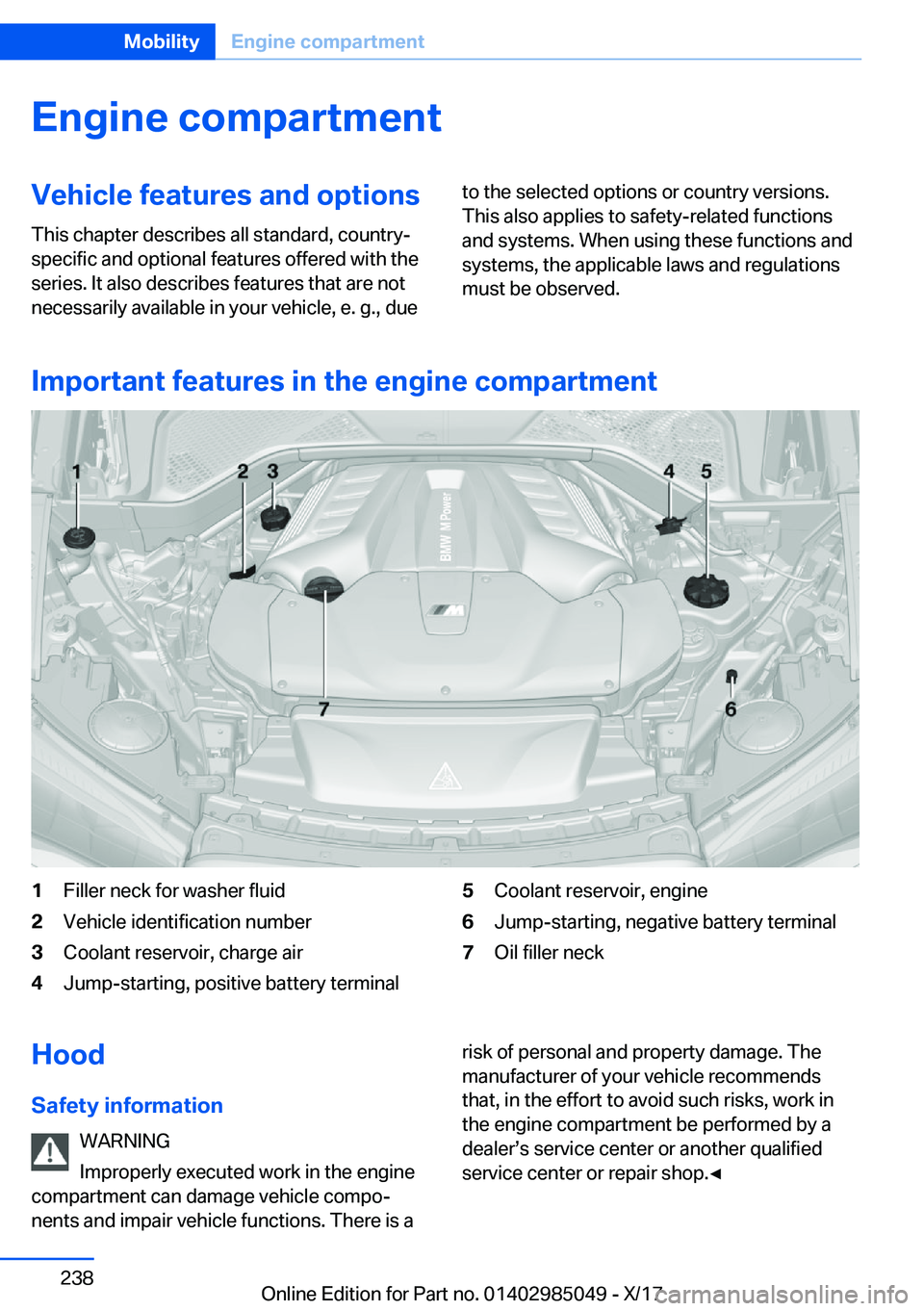 BMW X5M 2018  Owners Manual �E�n�g�i�n�e��c�o�m�p�a�r�t�m�e�n�t�V�e�h�i�c�l�e��f�e�a�t�u�r�e�s��a�n�d��o�p�t�i�o�n�s�T�h�i�s� �c�h�a�p�t�e�r� �d�e�s�c�r�i�b�e�s� �a�l�l� �s�t�a�n�d�a�r�d�,� �c�o�u�n�t�r�y�-�s�p�e�c�i�f�i�c� 