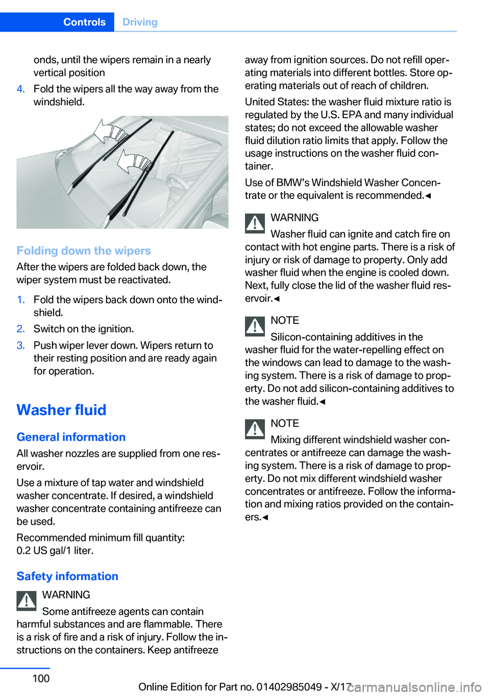 BMW X5M 2018  Owners Manual �o�n�d�s�,� �u�n�t�i�l� �t�h�e� �w�i�p�e�r�s� �r�e�m�a�i�n� �i�n� �a� �n�e�a�r�l�y�v�e�r�t�i�c�a�l� �p�o�s�i�t�i�o�n�4�.�F�o�l�d� �t�h�e� �w�i�p�e�r�s� �a�l�l� �t�h�e� �w�a�y� �a�w�a�y� �f�r�o�m� �t�h