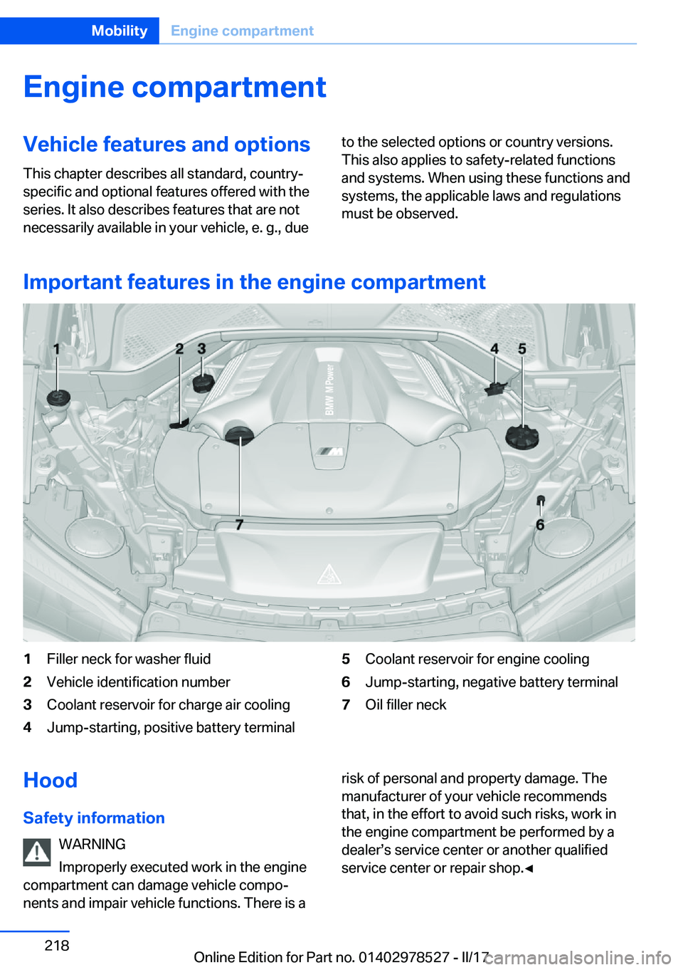 BMW X5M 2017  Owners Manual �E�n�g�i�n�e��c�o�m�p�a�r�t�m�e�n�t�V�e�h�i�c�l�e��f�e�a�t�u�r�e�s��a�n�d��o�p�t�i�o�n�s�T�h�i�s� �c�h�a�p�t�e�r� �d�e�s�c�r�i�b�e�s� �a�l�l� �s�t�a�n�d�a�r�d�,� �c�o�u�n�t�r�y�-�s�p�e�c�i�f�i�c� 