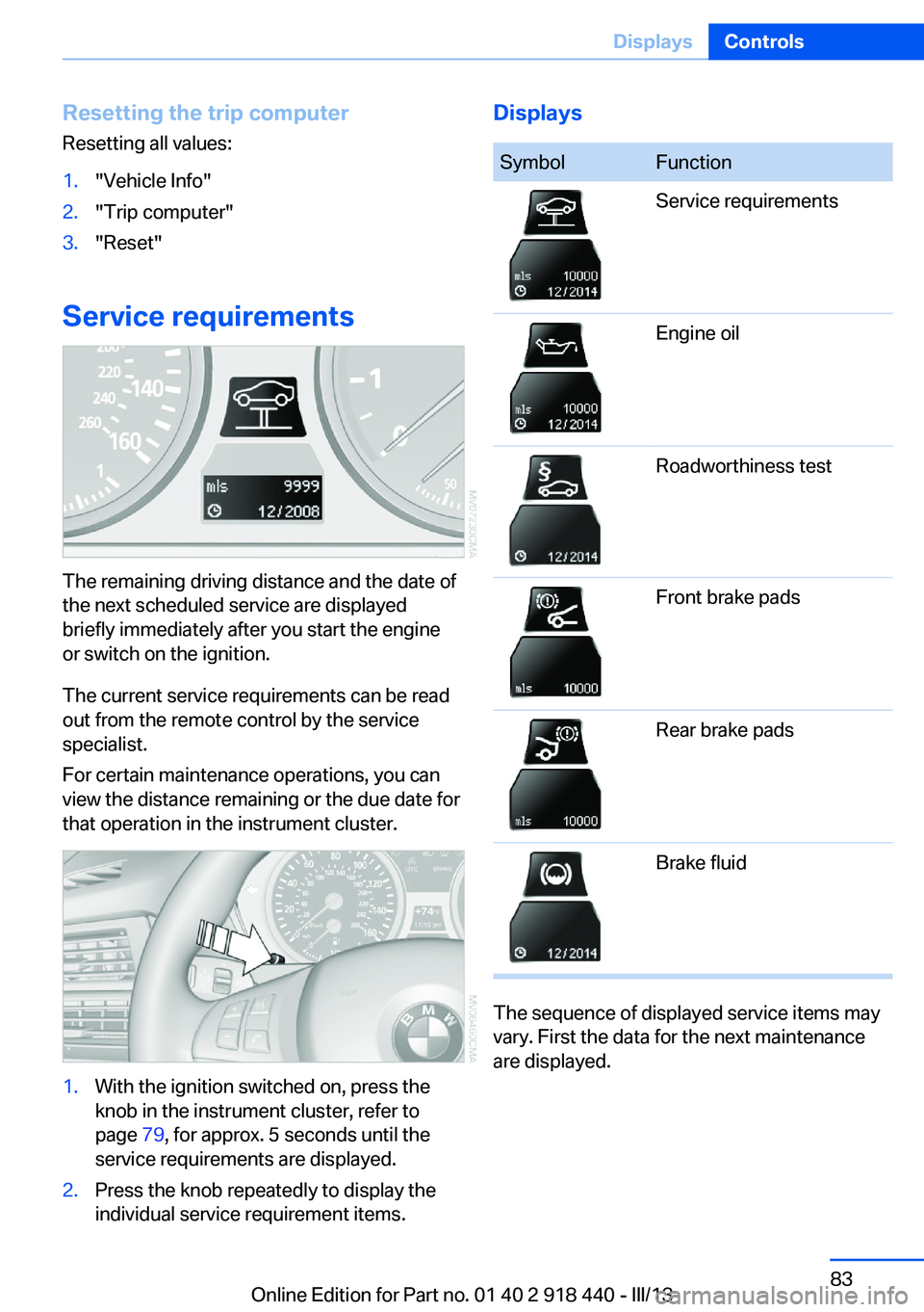 BMW X5M 2013  Owners Manual Resetting the trip computerResetting all values:1."Vehicle Info"2."Trip computer"3."Reset"
Service requirements
The remaining driving distance and the date of
the next schedule