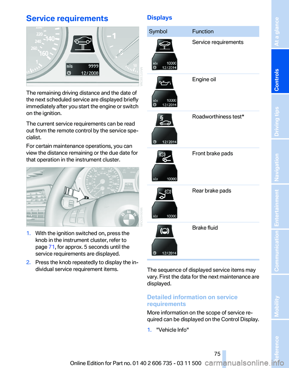 BMW X5M 2012 Manual PDF Service requirements
The remaining driving distance and the date of
the 
next scheduled service are displayed briefly
immediately after you start the engine or switch
on the ignition.
The current serv