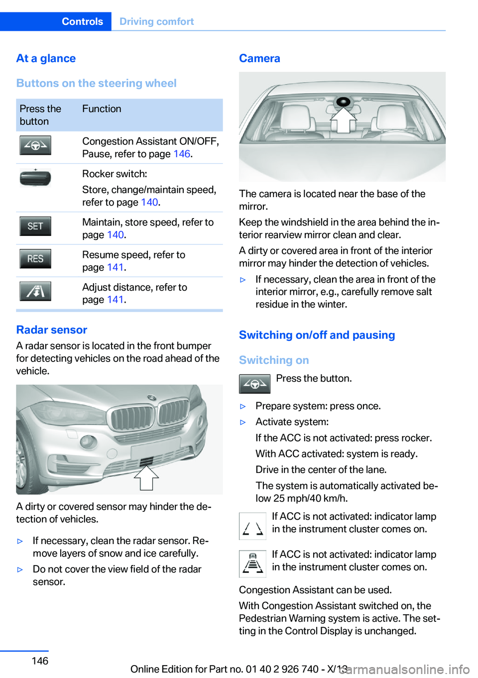 BMW X5 XDRIVE35D 2014  Owners Manual At a glance
Buttons on the steering wheelPress the
buttonFunctionCongestion Assistant ON/OFF,
Pause, refer to page  146.Rocker switch:
Store, change/maintain speed,
refer to page  140.Maintain, store 
