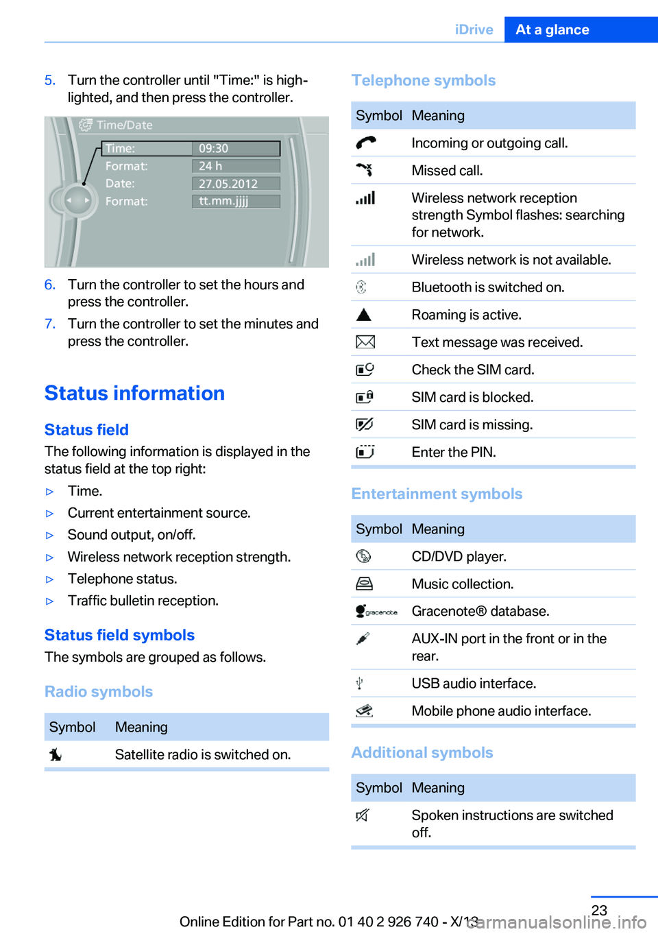 BMW X5 XDRIVE35D 2014 Owners Manual 5.Turn the controller until "Time:" is high‐
lighted, and then press the controller.6.Turn the controller to set the hours and
press the controller.7.Turn the controller to set the minutes a BMW X5 XDRIVE35D 2014 Owners Manual 5.Turn the controller until "Time:" is high‐
lighted, and then press the controller.6.Turn the controller to set the hours and
press the controller.7.Turn the controller to set the minutes a