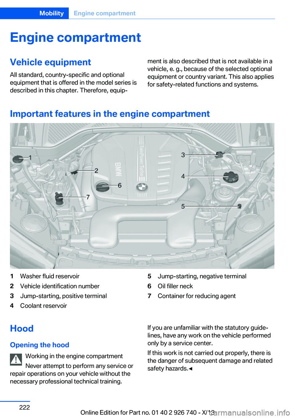 BMW X5 XDRIVE35D 2014  Owners Manual Engine compartmentVehicle equipmentAll standard, country-specific and optional
equipment that is offered in the model series is
described in this chapter. Therefore, equip‐ment is also described tha