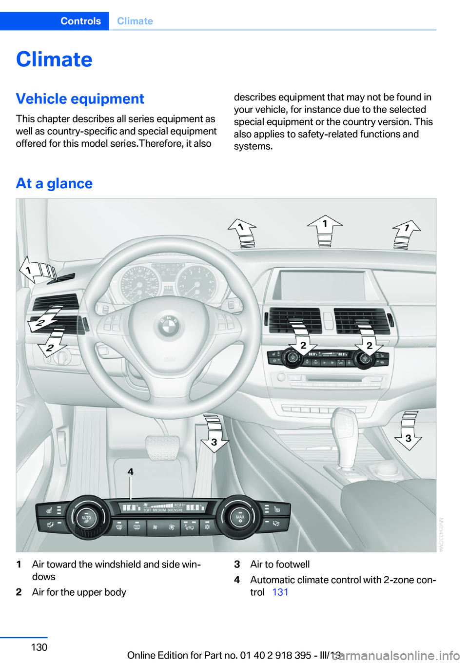 BMW X5 XDRIVE 35I PREMIUM 2013 Owners Manual ClimateVehicle equipmentThis chapter describes all series equipment as
well as country-specific and special equipment
offered for this model series.Therefore, it alsodescribes equipment that may not b BMW X5 XDRIVE 35I PREMIUM 2013 Owners Manual ClimateVehicle equipmentThis chapter describes all series equipment as
well as country-specific and special equipment
offered for this model series.Therefore, it alsodescribes equipment that may not b