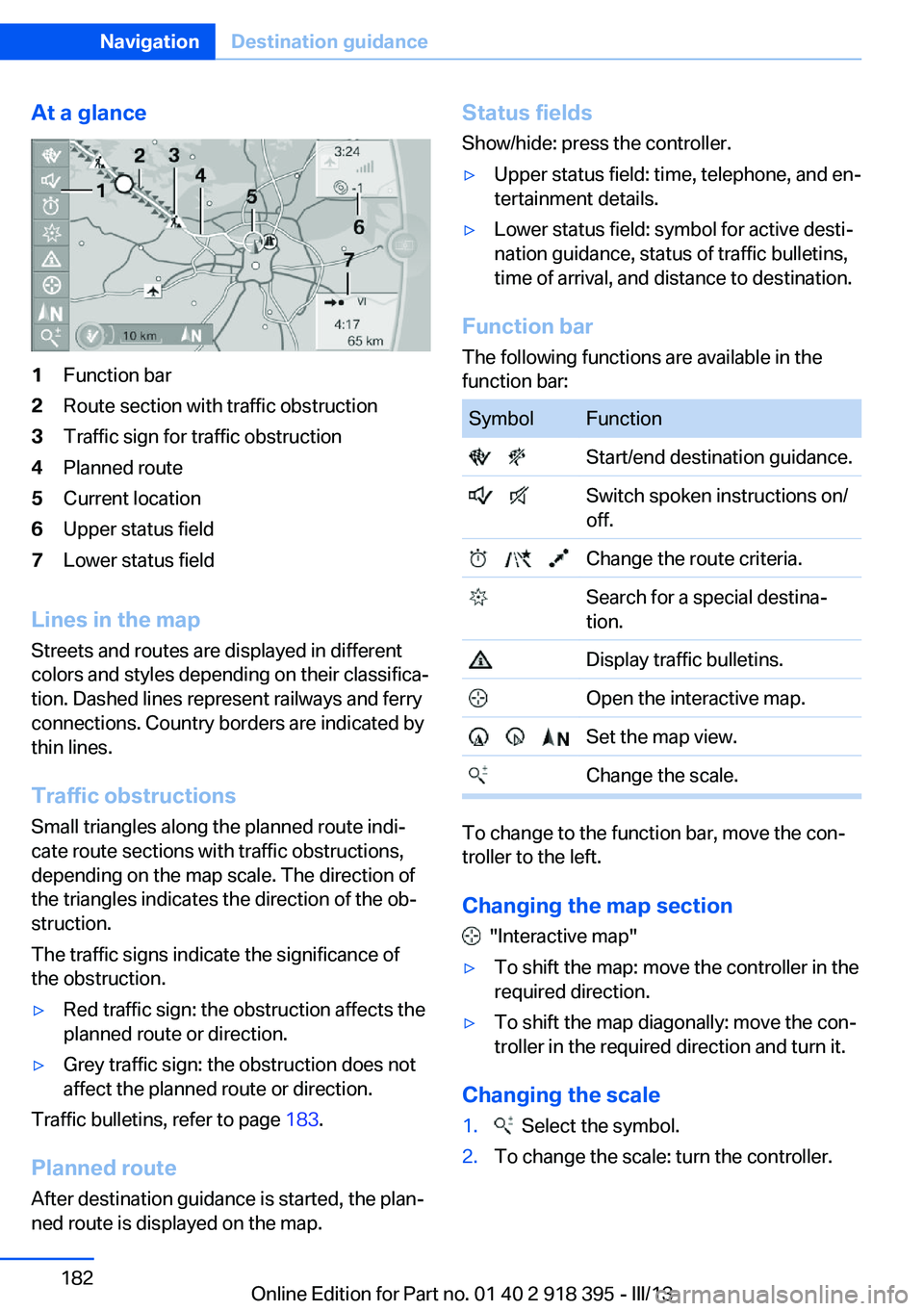 BMW X5 XDRIVE 35I PREMIUM 2013 Owners Manual At a glance1Function bar2Route section with traffic obstruction3Traffic sign for traffic obstruction4Planned route5Current location6Upper status field7Lower status field
Lines in the mapStreets and ro BMW X5 XDRIVE 35I PREMIUM 2013 Owners Manual At a glance1Function bar2Route section with traffic obstruction3Traffic sign for traffic obstruction4Planned route5Current location6Upper status field7Lower status field
Lines in the mapStreets and ro