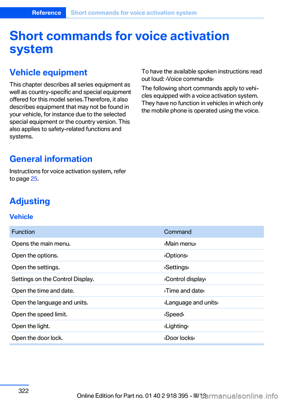 BMW X5 XDRIVE 35I PREMIUM 2013 Owners Manual Short commands for voice activationsystemVehicle equipment
This chapter describes all series equipment as
well as country-specific and special equipment
offered for this model series.Therefore, it als BMW X5 XDRIVE 35I PREMIUM 2013 Owners Manual Short commands for voice activationsystemVehicle equipment
This chapter describes all series equipment as
well as country-specific and special equipment
offered for this model series.Therefore, it als