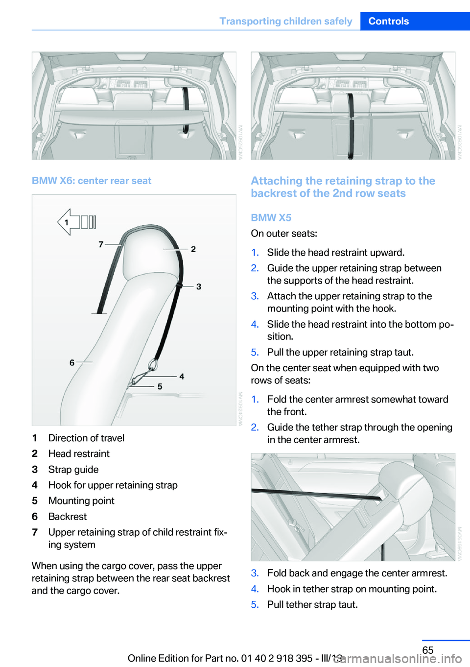 BMW X5 XDRIVE 35I PREMIUM 2013  Owners Manual BMW X6: center rear seat
1Direction of travel2Head restraint3Strap guide4Hook for upper retaining strap5Mounting point6Backrest7Upper retaining strap of child restraint fix‐
ing system
When using th
