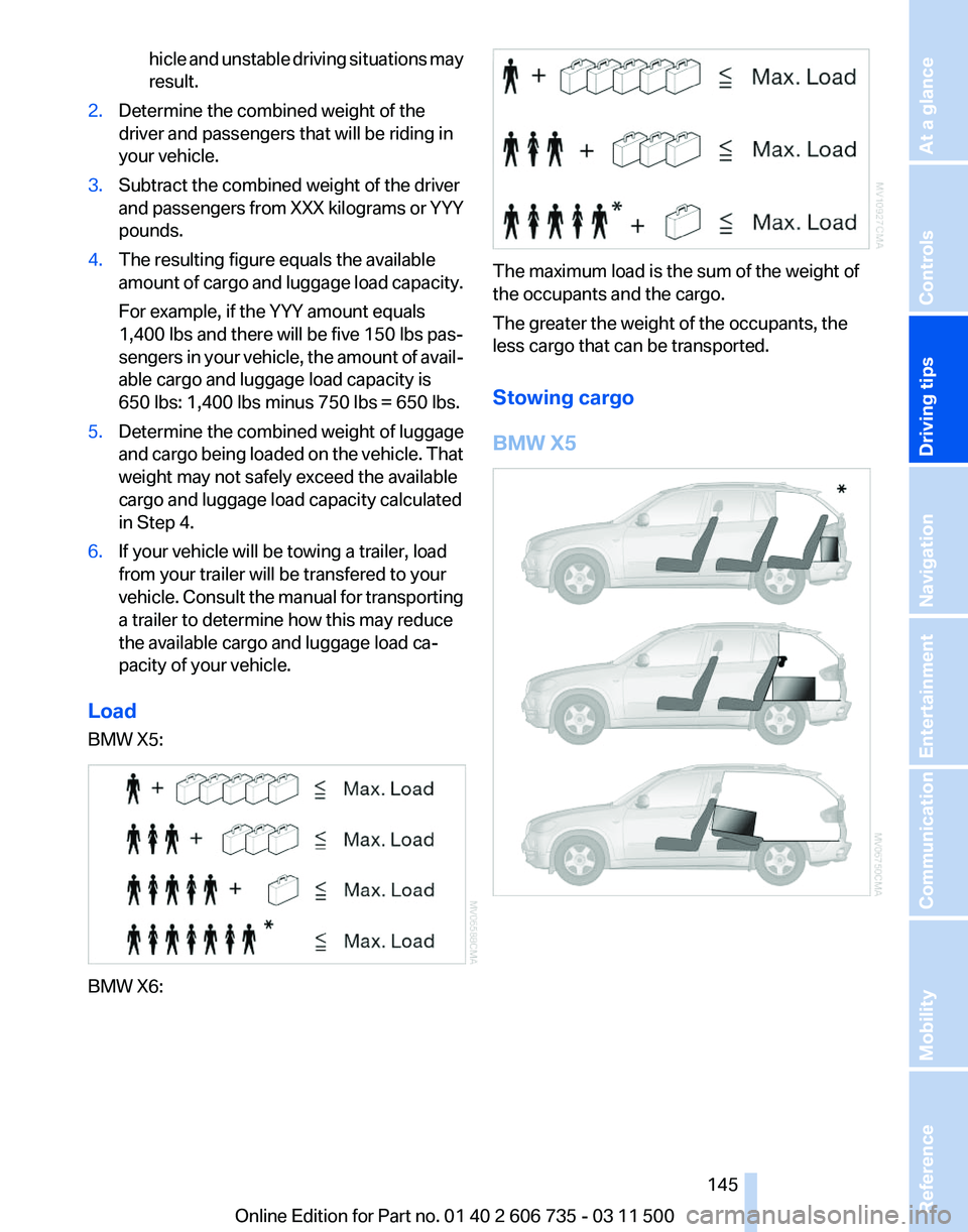 BMW X5 XDRIVE 35I PREMIUM 2012 Owners Manual hicle and unstable driving situations may
result.
2. Determine the combined weight of the
driver and passengers that will be riding in
your vehicle.
3. Subtract the combined weight of the driver
and
BMW X5 XDRIVE 35I PREMIUM 2012 Owners Manual hicle and unstable driving situations may
result.
2. Determine the combined weight of the
driver and passengers that will be riding in
your vehicle.
3. Subtract the combined weight of the driver
and