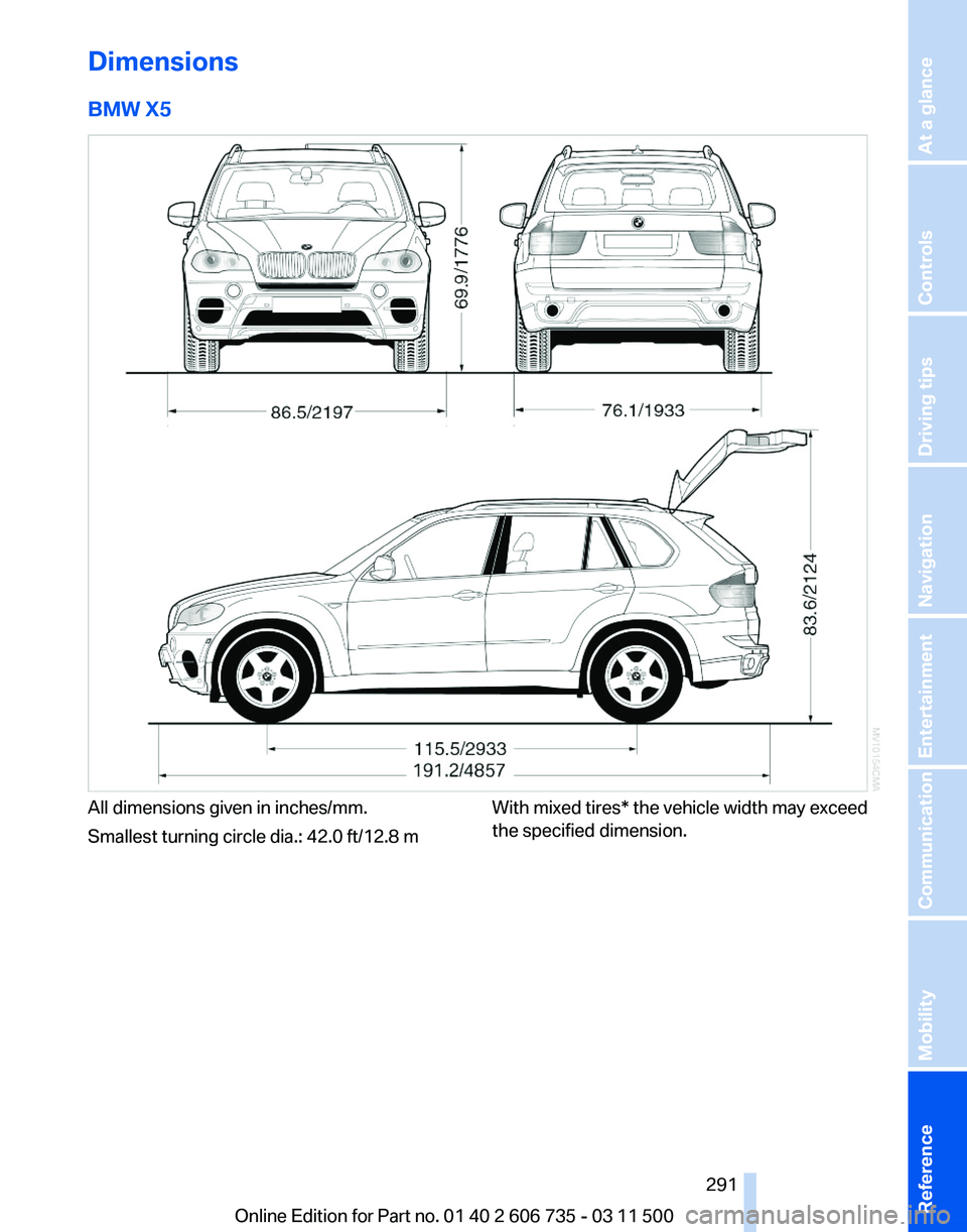 BMW X5 XDRIVE 35I PREMIUM 2012 Owners Manual Dimensions
BMW X5
All dimensions given in inches/mm.
Smallest turning circle dia.: 42.0 ft/12.8 m
With mixed tires* the vehicle width may exceed
the specified dimension.
Seite 291
291Online Edition fo BMW X5 XDRIVE 35I PREMIUM 2012 Owners Manual Dimensions
BMW X5
All dimensions given in inches/mm.
Smallest turning circle dia.: 42.0 ft/12.8 m
With mixed tires* the vehicle width may exceed
the specified dimension.
Seite 291
291Online Edition fo